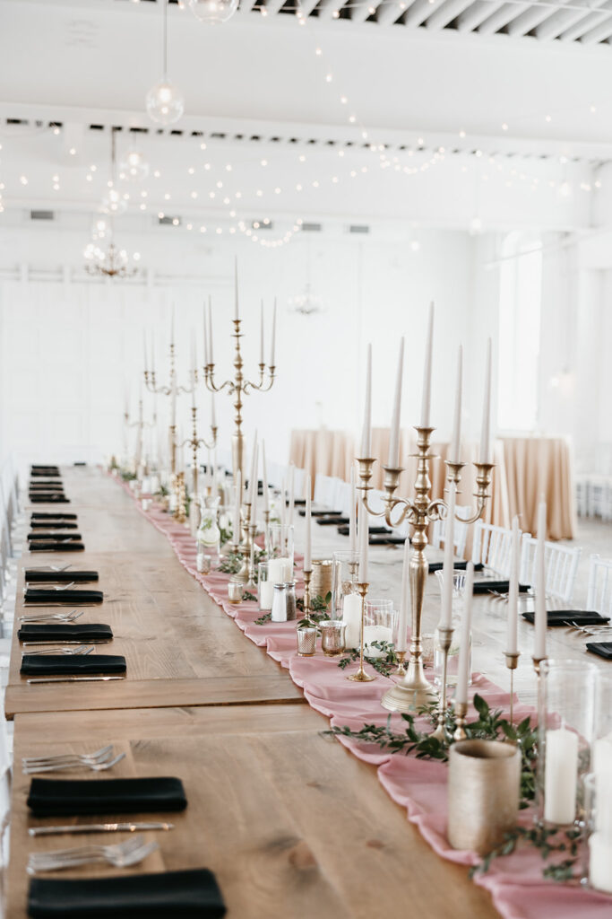 romantic family-style wedding table setting