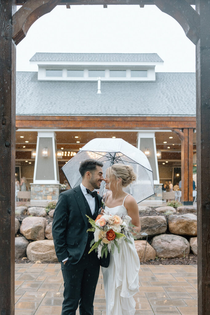 Bride and groom standing in the rain with their clear umbrella