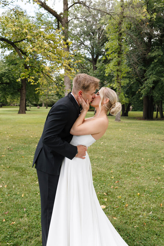 Bride and groom sharing their first look at a private estate wedding in North Dakota

