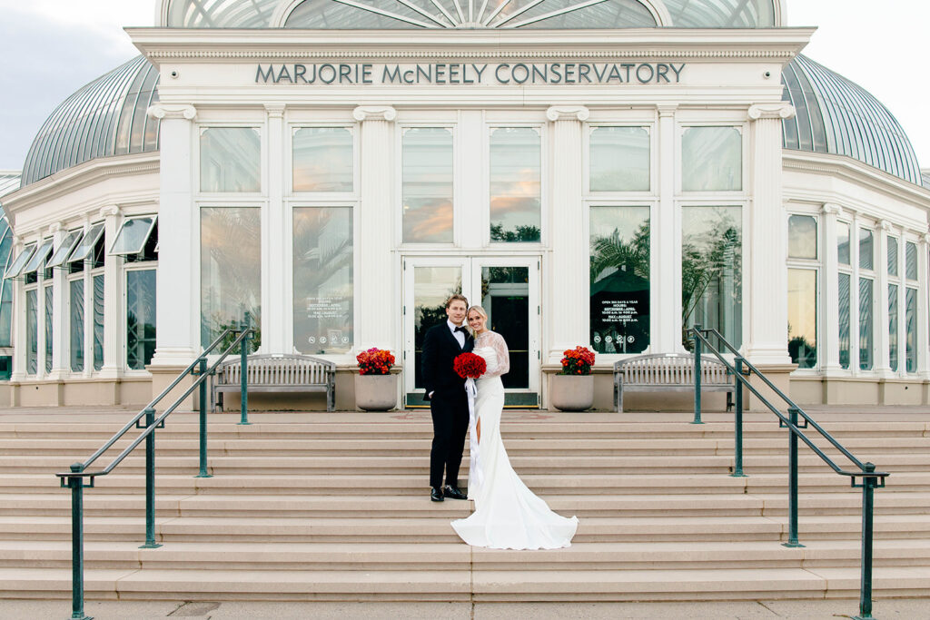 Couple photographed in a classic city setting during a st paul hotel wedding day
