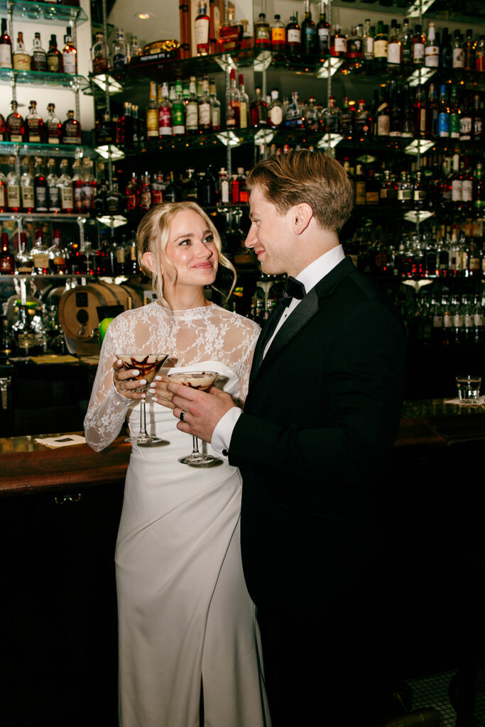 Flash photo highlighting the couple’s style during cocktail hour.
