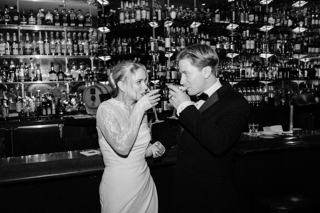 Flash photo highlighting the couple’s style during cocktail hour.
