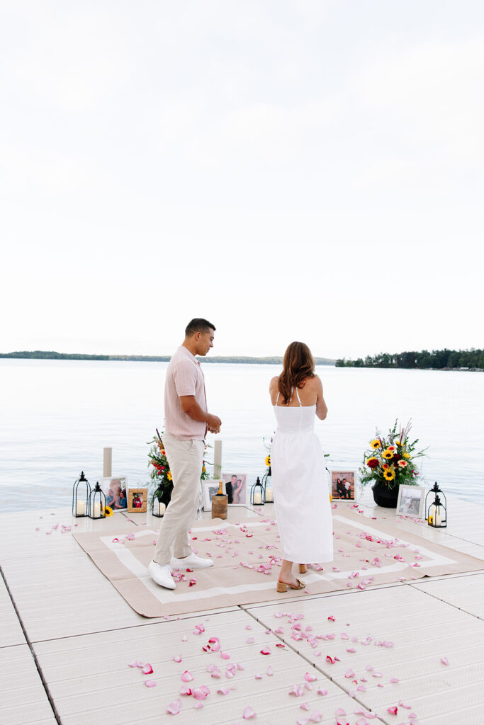 A romantic engagement proposal session at crosslake chain.

